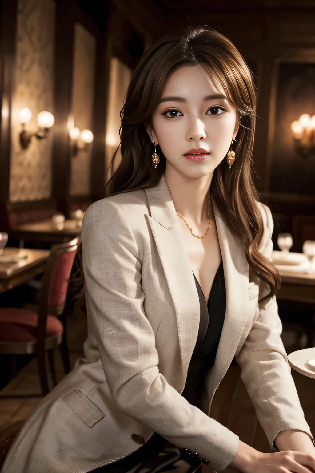 masterpiece, Highest quality, Realistic, Very detailed, Finer details, High resolution, 8k wallpaper, One beautiful woman,Wear a nice suit, In a great restaurant, At night, Light brown messy hair, Perfect dynamic composition, Beautiful and beautiful eyes、Big earrings、Sit on a chair