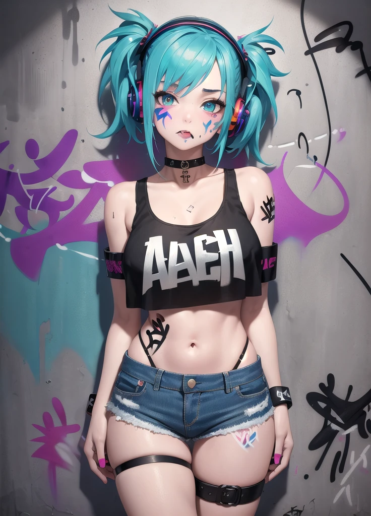 masterpiece, best quality, 1girl, solo, crop top, denim shorts, choker, (graffiti:1.5), paint splatter, arms behind back, against wall, looking at viewer, armband, thigh strap, paint on body, head tilt, bored, multicolored hair, aqua eyes, headset,