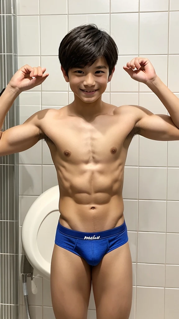 Japanese men、、Short but well-trained muscles and smooth skin、Sporty short hair、A friendly, healthy smile、A pose that gives a childish impression、Healthy briefs made of thin fabric like a thong、Bathroom
