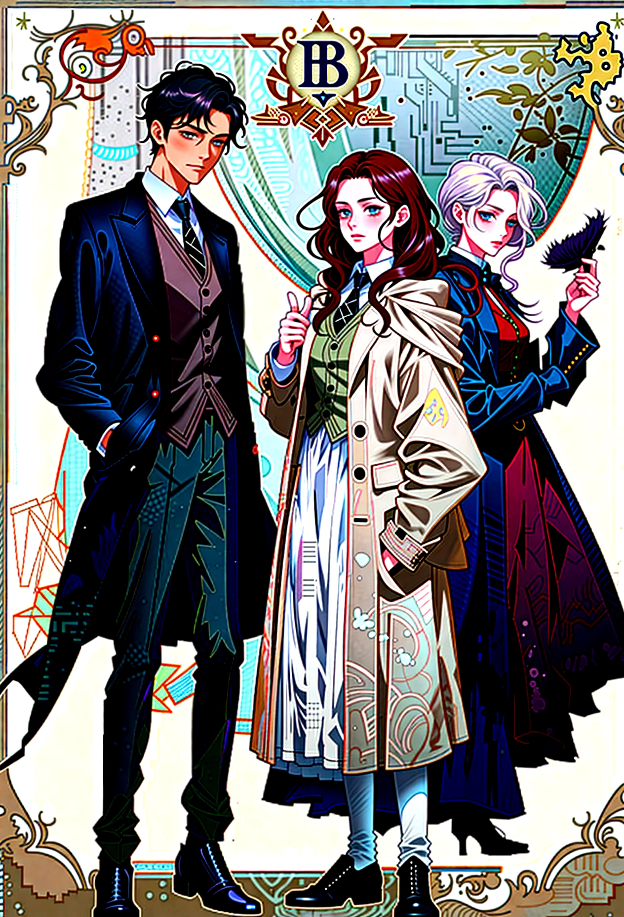 anime characters dressed in victorian clothing and doing magic, holding wands, anime key visual of elegant, key art, official fanart, style arcane tv series, ( ( wearing a long coat ) ), spy x family, official character illustration, official art, arcane style!!!!!, official character art, key visual, dark academia, official illustration, detailed fanart, style of arcane tv series