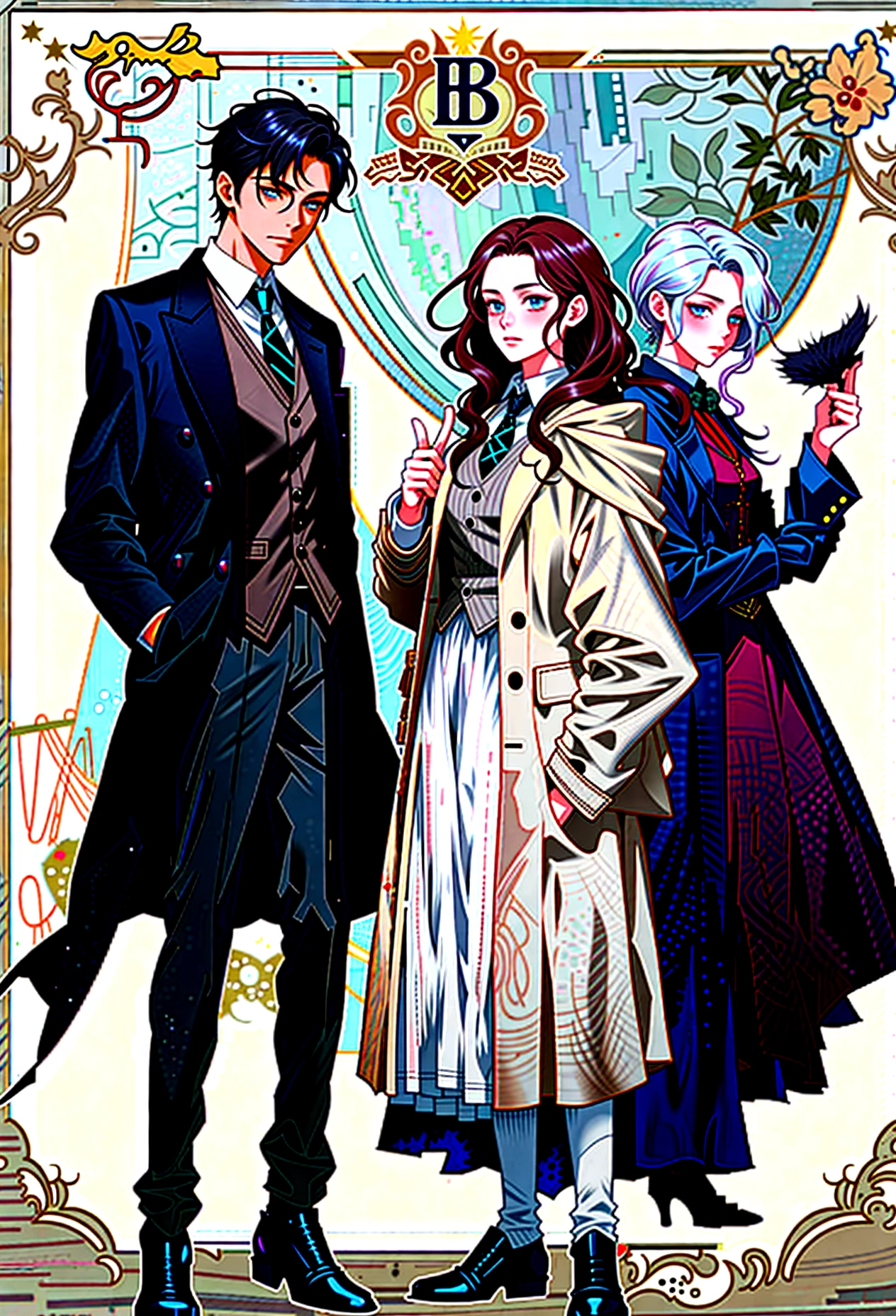 anime characters dressed in victorian clothing and doing magic, holding wands, anime key visual of elegant, key art, official fanart, style arcane tv series, ( ( wearing a long coat ) ), spy x family, official character illustration, official art, arcane style!!!!!, official character art, key visual, dark academia, official illustration, detailed fanart, style of arcane tv series