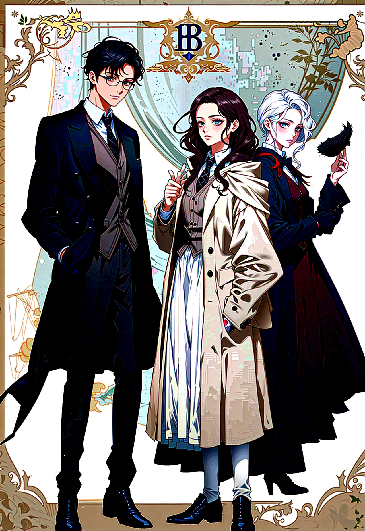 anime characters dressed in victorian clothing and doing magic, holding wands, anime key visual of elegant, key art, official fanart, style arcane tv series, ( ( wearing a long coat ) ), spy x family, official character illustration, official art, arcane style!!!!!, official character art, key visual, dark academia, official illustration, detailed fanart, style of arcane tv series