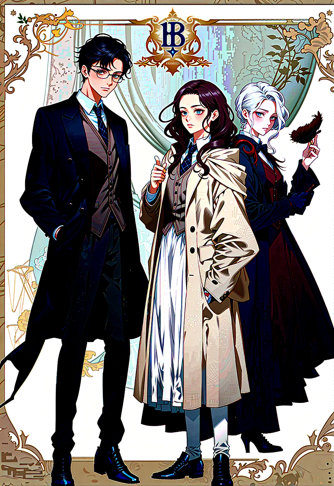 anime characters dressed in victorian clothing and doing magic, holding wands, anime key visual of elegant, key art, official fanart, style arcane tv series, ( ( wearing a long coat ) ), spy x family, official character illustration, official art, arcane style!!!!!, official character art, key visual, dark academia, official illustration, detailed fanart, style of arcane tv series