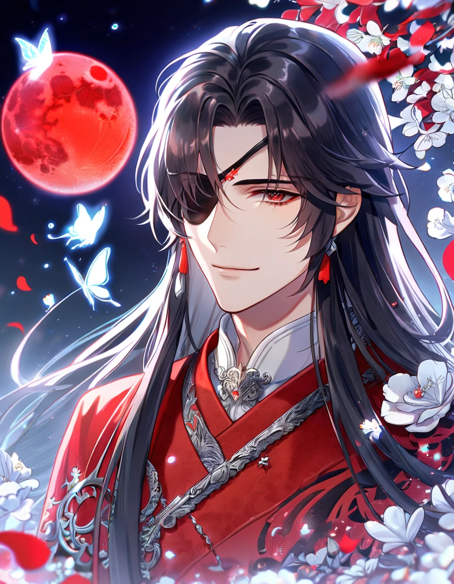 absurdres, highres, ultra detailed, HDR, master piece, Hua Cheng, black long hair, expressive red eye, black eye patch on his let eye, Heaven Official's Blessing, sexy man, handsome, best quality, red moon, flowers, fantasy, magical, solo, red water, red shining fireflies, red petals, red clothes, handsome smile, silver small butterflies, silver dust