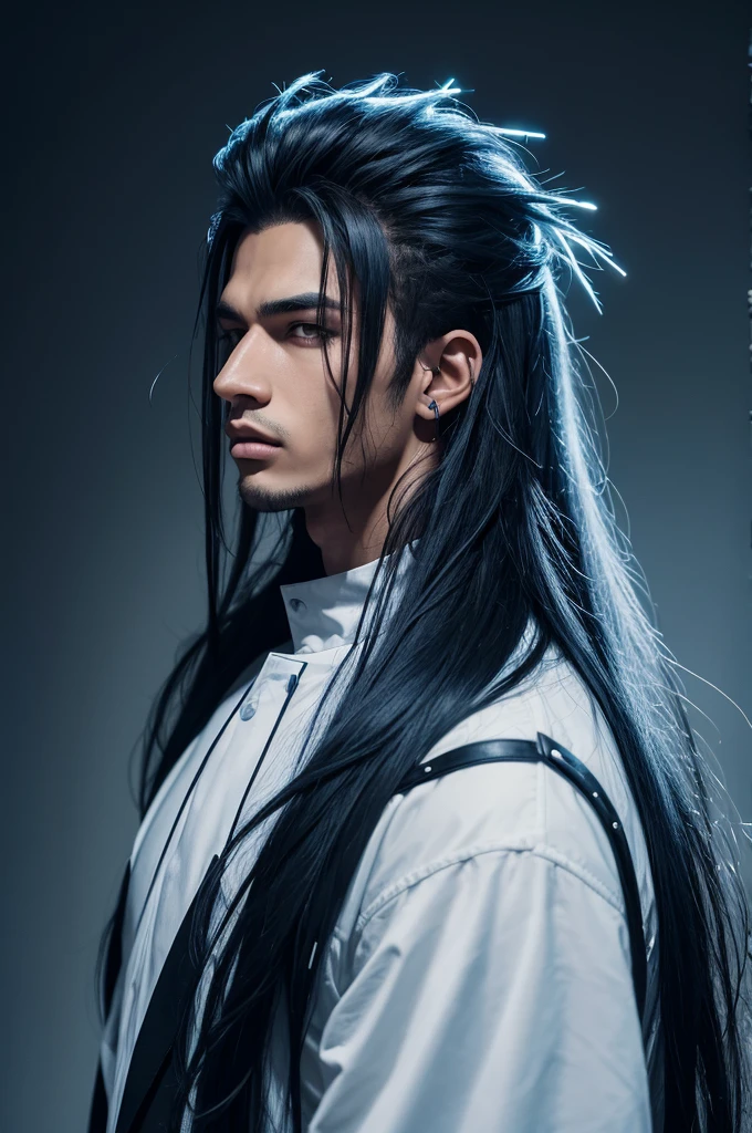 light-skinned man with long hair, black and spiky, which had a slight shade of blue about it