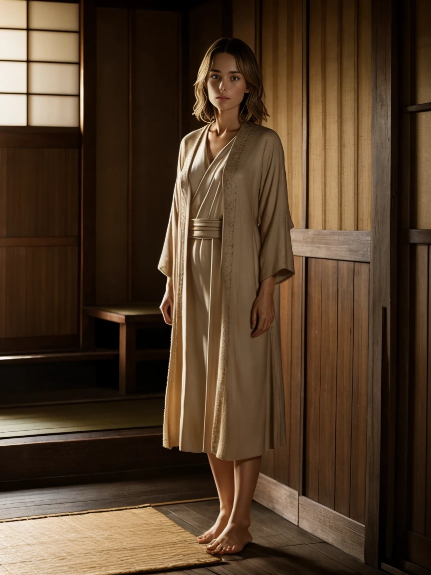 Beautiful mature woman, (Keira Knightley: 0.5), alone, (Skin Texture: 1.1), A face with attention to detail, Detailed lips, Fine grain, Short blonde、barefoot、Standing in a spooky old Japanese house, (Athlete's Body), ((Small breasts: 1.1)), , Horny whore, Realistic, (masterpiece: 1.2), Very detailed, Exquisitely crafted, Professional, Cinema Lighting, Rim Light, Studio Lighting