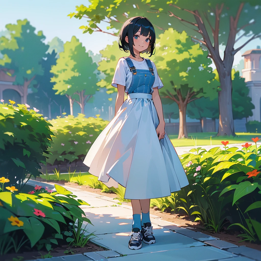 (high quality, High resolution, Very detailed, reality:1.37), Peaceful atmosphere, (Outdoor, garden), Teenage girl standing alone, (my breasts are big.), Beautiful details, Cute Smile, (Black bob hair), Short sleeve shirt, Overalls, Blue socks, sneakers.