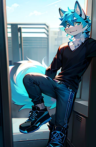 Cyan furry male wolf with fluffy white fur wearing dark blue shirt, dark blue pants and black sneakers with blue details