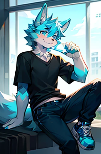 (light blue wolf, furry, anthropomorphic), Male, leaning on car, inside, parking lot, wearing jeans, wearing dark blue hoodie, Furry art, Fur on arms, big Floofy tail, fur on legs, (Fur covering whole body, Best quality, human like body figure), looking at viewer
