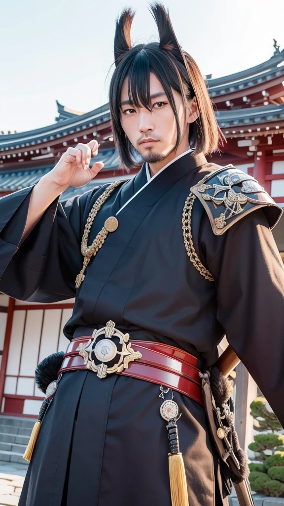 Japanese warlords during the Sengoku period、Portrait of Date Masamune。He has an eyepatch on one eye、Dressed in gorgeous black and silver armor。兜には大きな角飾りThere is、He has a brave expression。Misty Japanese castle and trees in the background々There is、It exudes the tension and grandeur of the Warring States period.