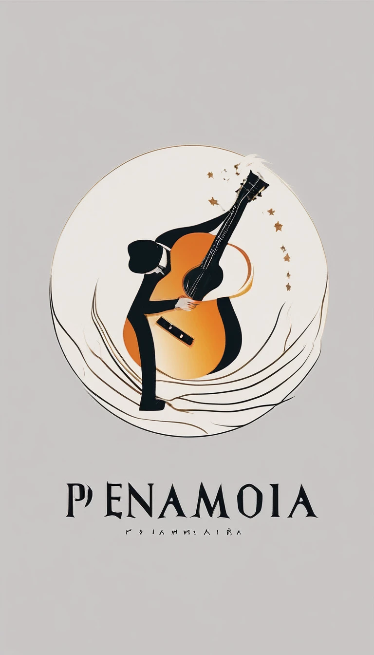 A minimal, modern, simple, cinematic, minimalistic logo design for the brand “Penamemoria". The logo design must be a simple, magical feather and a boy running and holding an acoustic guitar. The logo must convey a sense of music, stories and dreams. Logo design impressed on a book cover. Minimalistic logo
