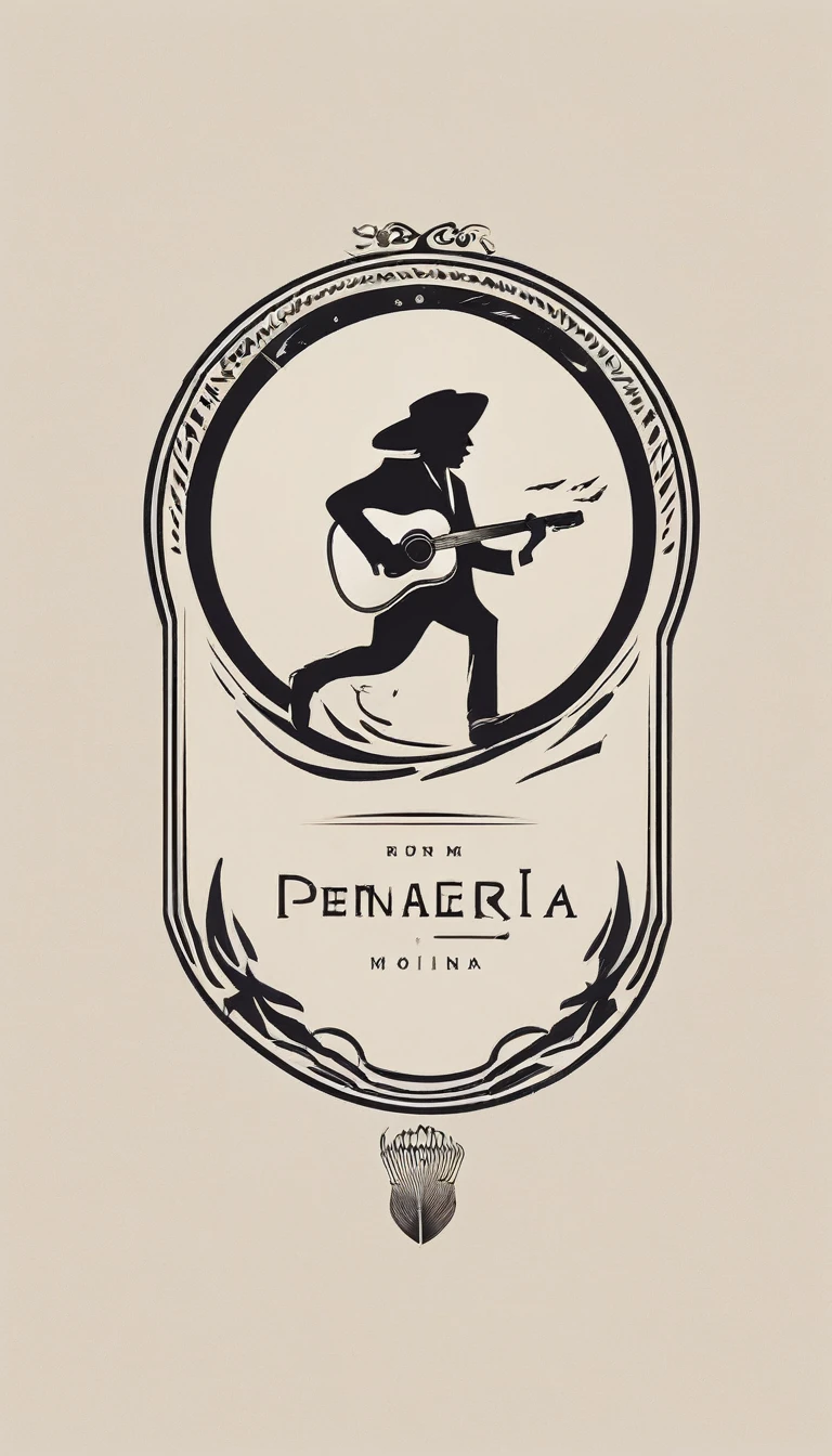 A minimal, modern, simple, cinematic, minimalistic logo design for the brand “Penamemoria". The logo design must be a simple, magical feather and a boy running and holding an acoustic guitar. The logo must convey a sense of music, stories and dreams. Logo design impressed on a book cover. Minimalistic logo