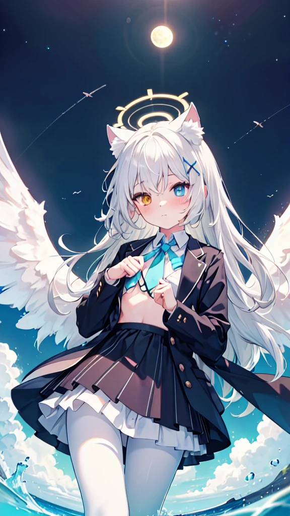 White hair，Long hair，Cat ear，Heterochromia blue-yellow，female face，There are bright spots in the eyes，Female hands，White little hands，Normal fingers，flat chest，Solitary，blue halo，On an island in the sky，Day and night mix，Angel Wings，White pantyhose，moon