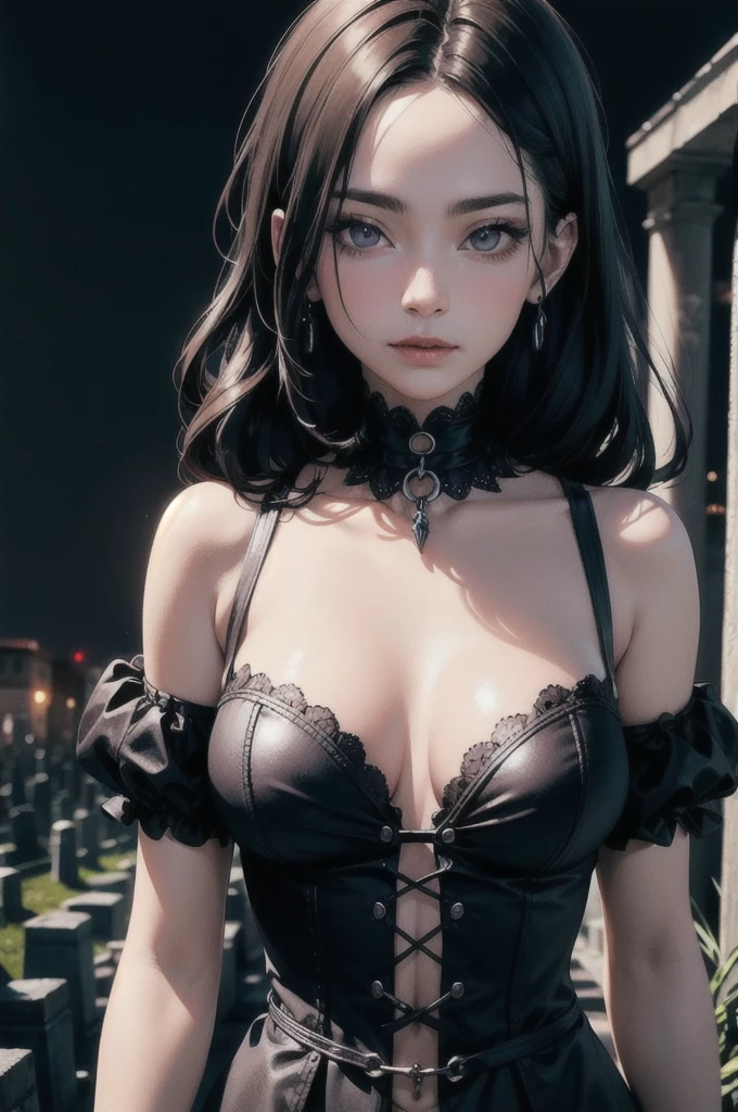 Cinematic, Vampire Slayer, Wearing a gothic steampunk fashion dress、Walking through a Gothic cemetery at night, Foggy and rainy conditions, Ghostly atmosphere, 1800s, (High skin detail: 1.2), Super detailed, Photorealistic, Depth of written boundary, Cinema Lighting, IMAX Camera, High resolution, German Touring, Full HD, 8K , 超High resolutionでPhotorealisticで美しい照明で撮影. This masterpiece is of the highest quality、Zentangle abstract background。 (Weighting 1.4).