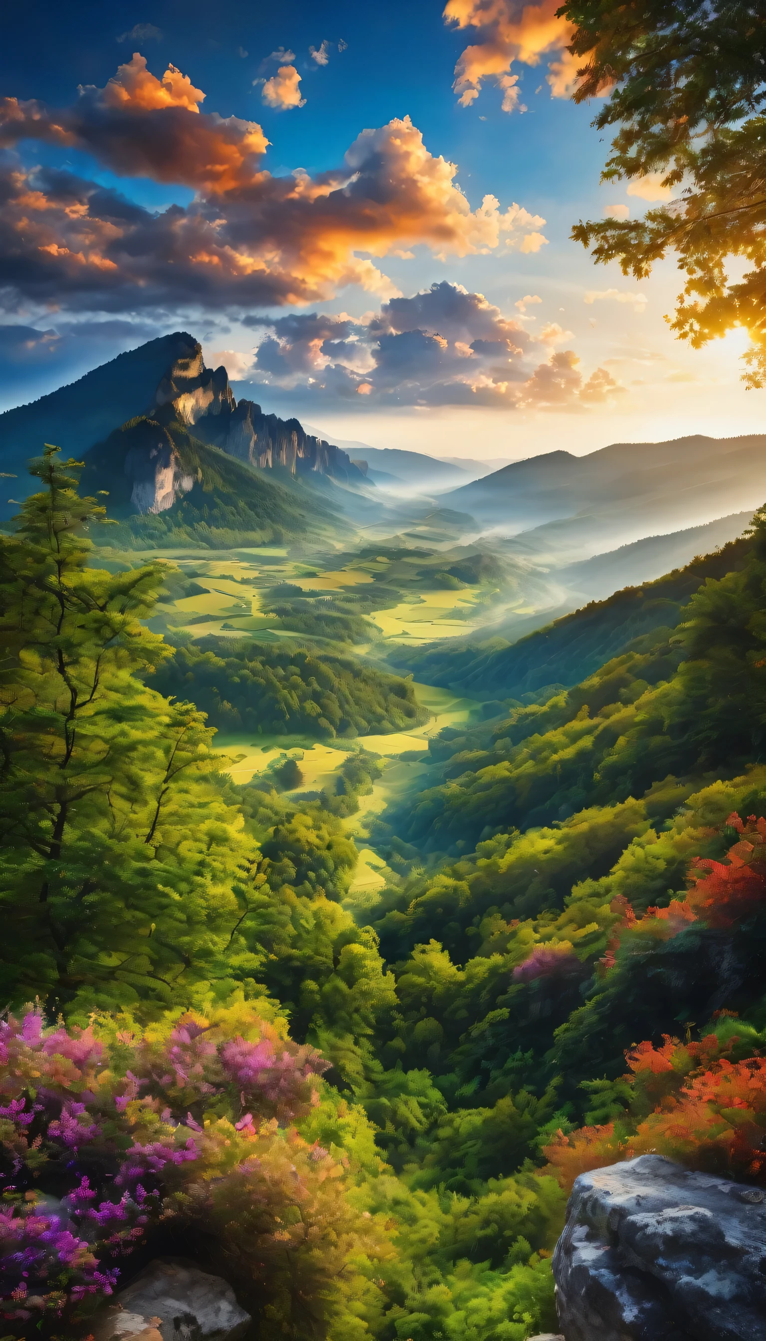 A beautiful valley view , on top of mountain view , morning time , beautiful clouds, beautiful sky ,