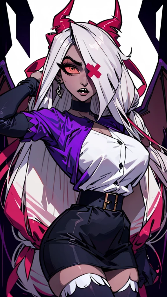 Elfa gato linda surreal, cabelos muito ruivos e detalhados, rosto detalhado, grandes chifres de demonio, gorda, corpo inteiro, grandes olhos, nariz longos e pontudos, colettetrixie, sharp teeth, hair over one eye, hairband, demon horns, colored sclera, purple shirt, purple shorts, demon wings, frieren, 1girl, long hair, pointy ears, twintails, jewelry, elf, earrings, capelet, white capelet, long sleeves, parted bangs, dress, belt, flower, pomni, gloves, puffy short sleeves, red eyes and blue eyes, striped, very big tits, very very big ass, very chubby, 8k, hd, hdr, morrigan aensland