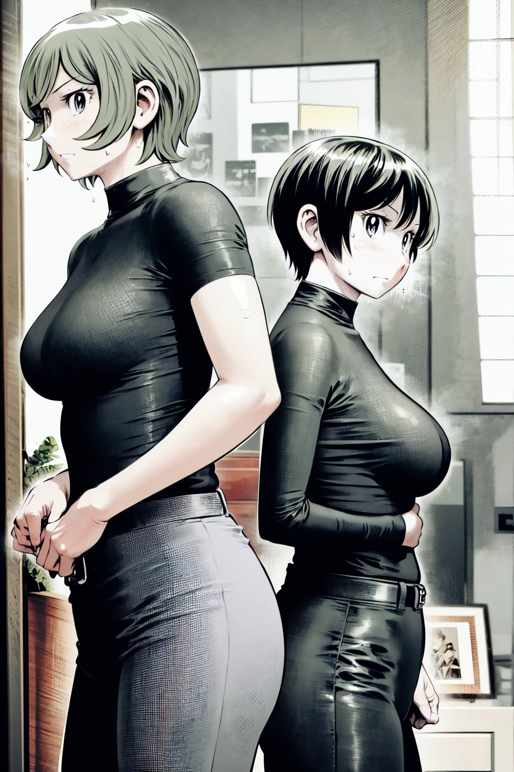 、(masterpiece、Highest quality)、Highest quality, Ultra-high resolution, (((masterpiece))), alone, Sweat、Big eyes,Tight black shirt、Tight white pants、belt、indoor、Composition from the front、(Cut the back hair short、short hair、blonde、woman)、Shortcuts、Embarrassed face、Cut your hair short、可愛いwomanの子、Big Breasts、office