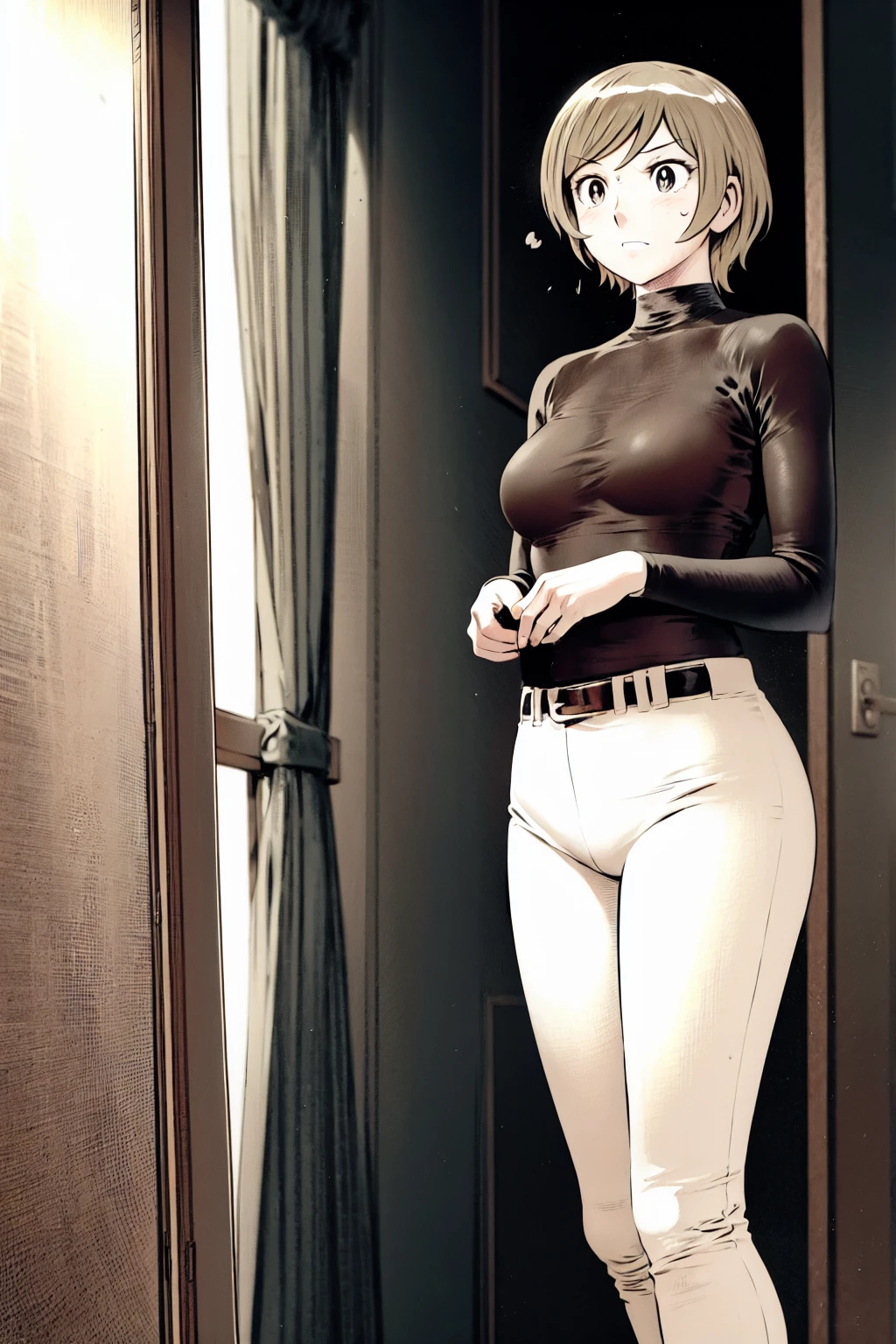 、(masterpiece、Highest quality)、Highest quality, Ultra-high resolution, (((masterpiece))), alone, Sweat、Big eyes,Tight black shirt、Tight white pants、belt、indoor、Composition from the front、(Cut the back hair short、short hair、blonde、woman)、Shortcuts、Embarrassed face、Cut your hair short、可愛いwomanの子、Big Breasts、office