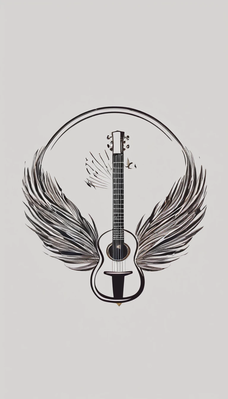 A minimal, modern, simple, cinematic logotype for the brand “Penamemoria". The logotype must be a simple, magical feather and a boy playing acoustic guitar. The logo must convey a sense of music, stories and dreams. Logo design impressed on a book cover. Minimalistic logo