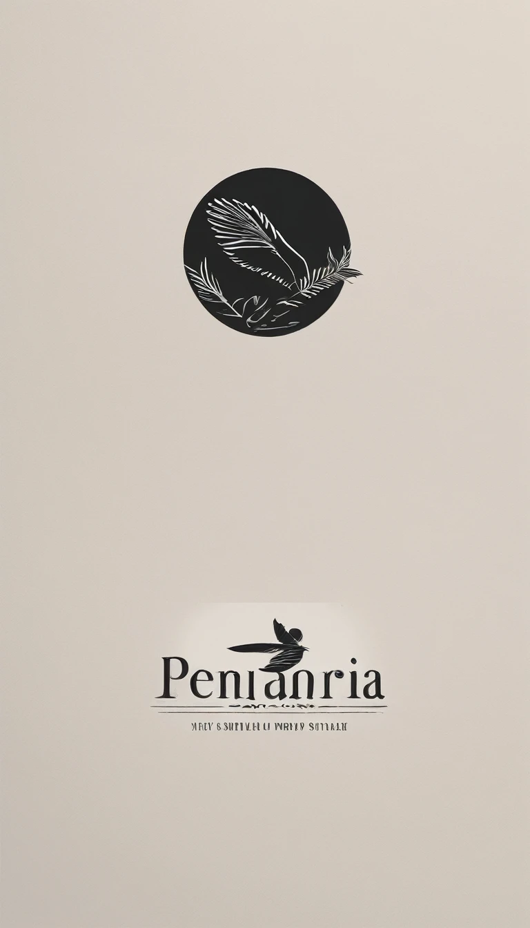 A minimal, modern, simple, cinematic logotype for the brand “Penamemoria". The logotype must be a simple, magical feather and a boy playing acoustic guitar. The logo must convey a sense of music, stories and dreams. Logo design impressed on a book cover. Minimalistic logo