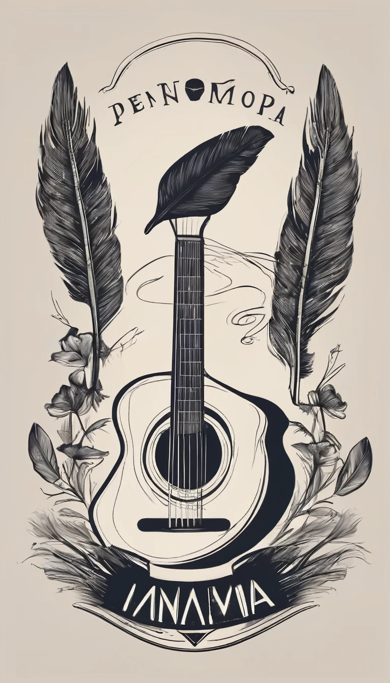 A minimal, modern, simple, cinematic logotype for the brand “Penamemoria". The logotype must be a simple, magical feather and a boy playing acoustic guitar. The logo must convey a sense of music, stories and dreams. Logo design impressed on a book cover. Minimalistic logo