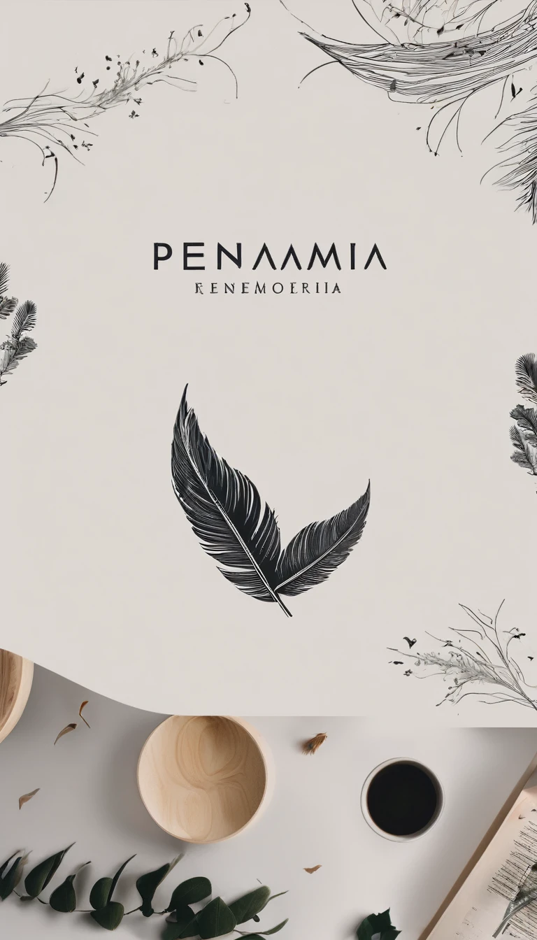 A minimal, modern, simple, cinematic logotype for the brand “Penamemoria". The logotype must be a simple, magical feather and a boy playing acoustic guitar. The logo must convey a sense of music, stories and dreams. Logo design impressed on a book cover. Minimalistic logo