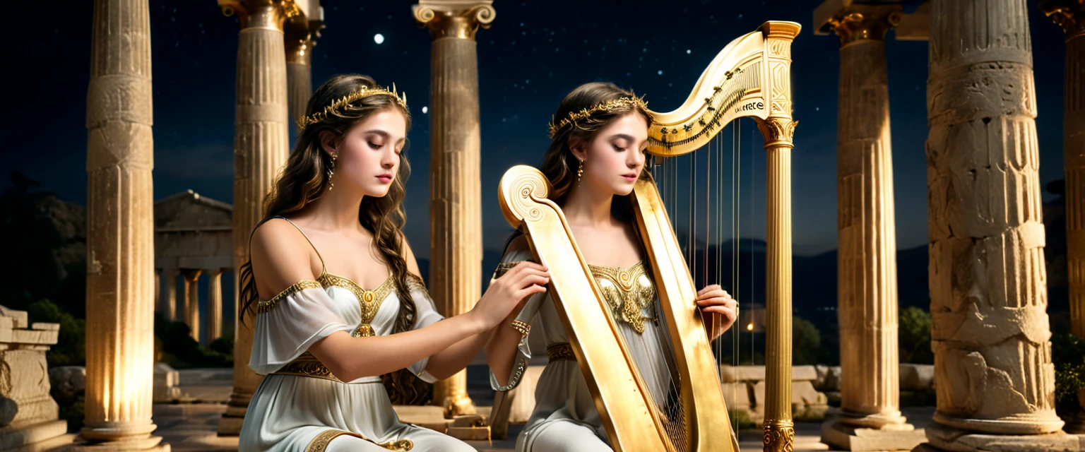 a young priestess, sitting, she places a harp larger than herself in front of him and plays it, playing a large lyre, ancient Greek temple, late at night, inside the temple it is (dark:1.3) and there is (no lighting:1.2), the moonlight shines in at an angle, shining a faint light on her., highly detailed, photorealistic, realistic lighting, intricate architecture, ornate decorations, cool color palette, golden accents, soft fabric textures, mesmerizing expression, elegant pose, cinematic composition, natural lighting, realistic shadows, mystical atmosphere, hyperrealistic, award-winning art