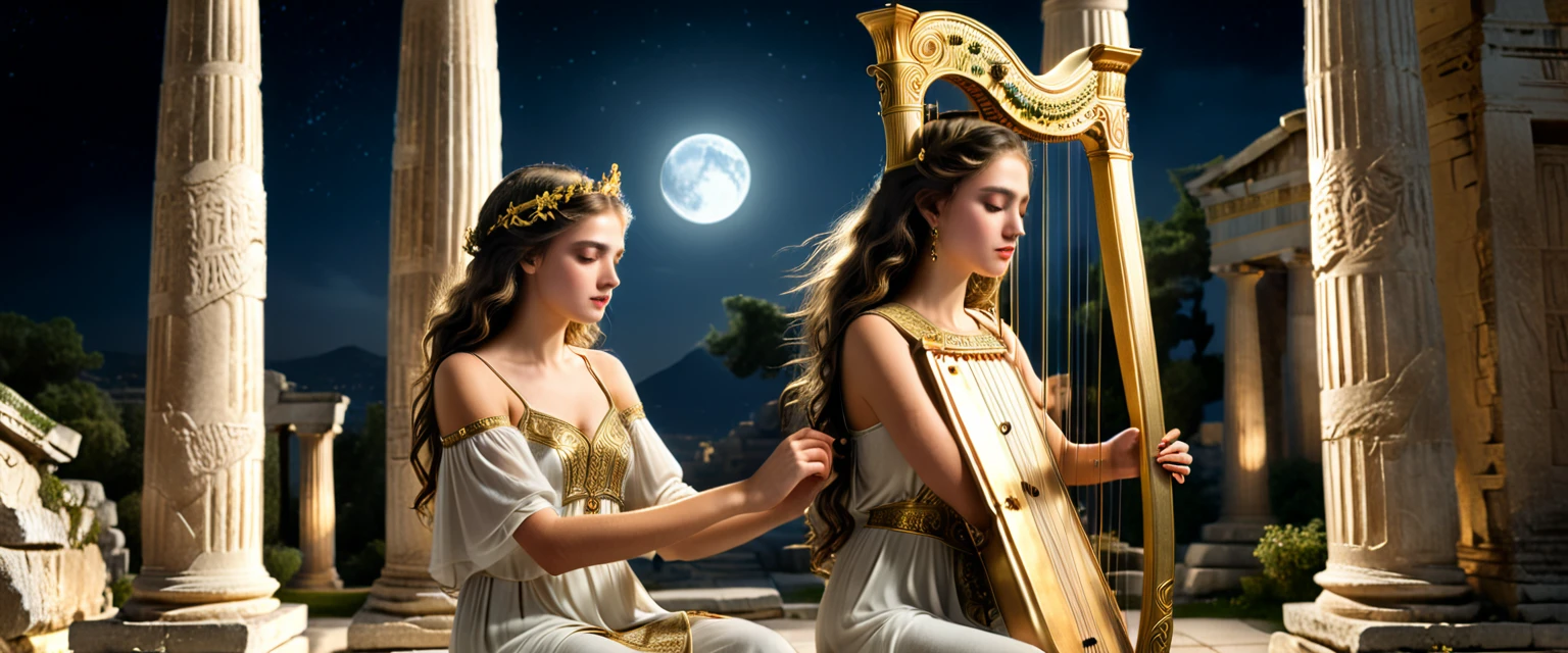 a young priestess, sitting, she places a harp larger than herself in front of him and plays it, playing a large lyre, ancient Greek temple, late at night, inside the temple it is (dark:1.3) and there is (no lighting:1.2), the moonlight shines in at an angle, shining a faint light on her., highly detailed, photorealistic, realistic lighting, intricate architecture, ornate decorations, cool color palette, golden accents, soft fabric textures, mesmerizing expression, elegant pose, cinematic composition, natural lighting, realistic shadows, mystical atmosphere, hyperrealistic, award-winning art