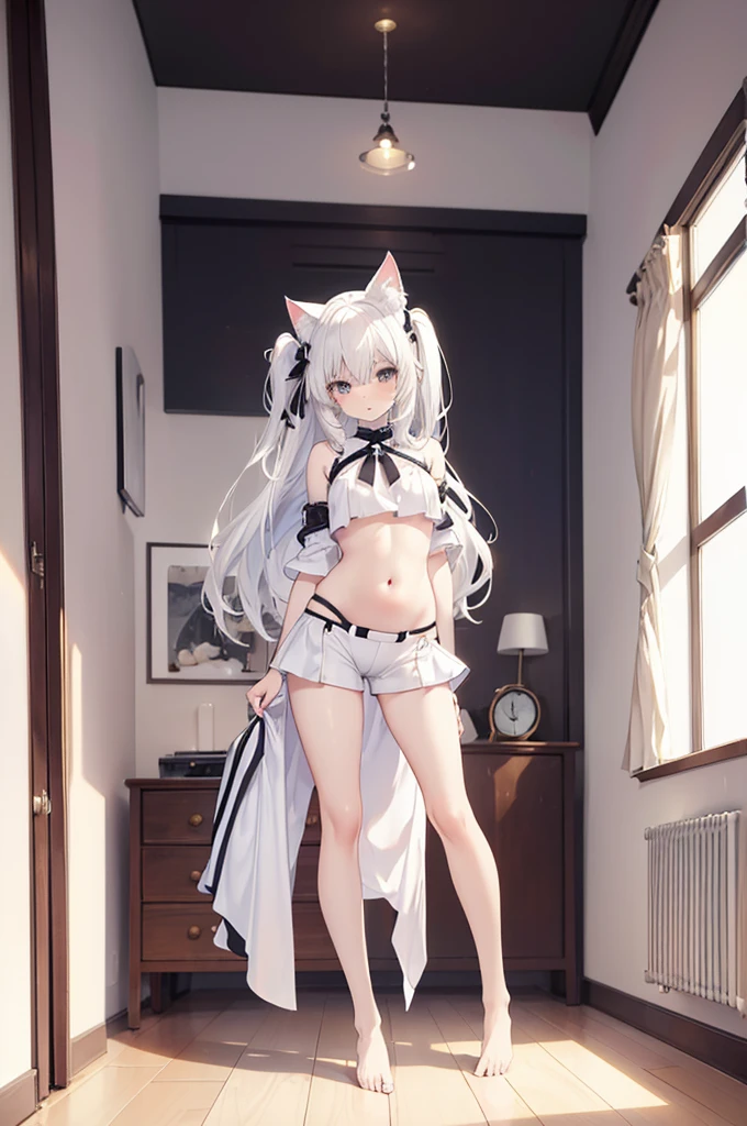 A white-haired cat-ear girl wearing a belly-baring outfit and hot pants in the bedroom（Super cute full body picture），Tall figure，（Perfect long legs），Perfect body proportions，barefoot，Sexy