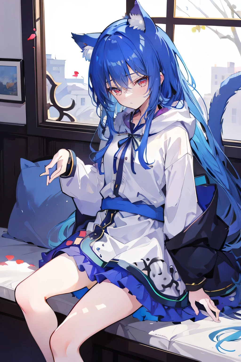 （masterpiece：1.2），Super detailed，lifelike，Expressive eyes，fair skin，perfect face shape，1 girl，
Japanese comics,Gorgeous blue hair,flowing blue hair,flowing clothes,Cat ears,Petals fall,beautiful lola,Baby Angel,
Shaking head with one hand，Cross your legs，Gentle and peaceful background，The pavilion is cool and comfortable,smile, wearing hoodie, In front of the window,snowing