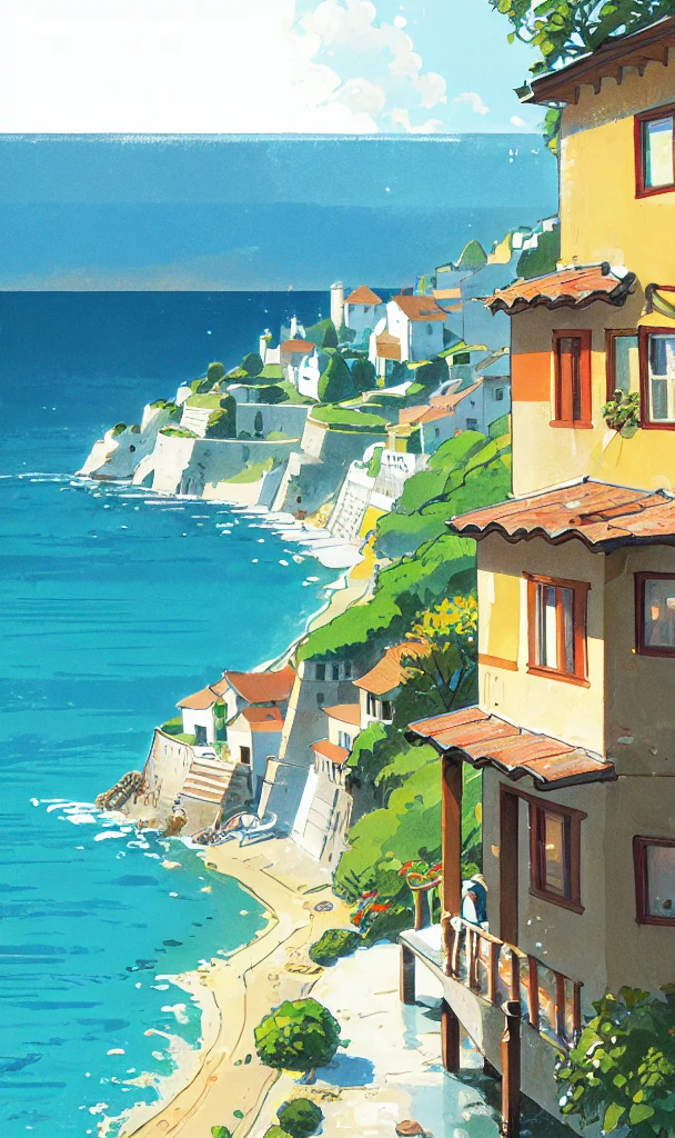 Italian village with a view of the rainy sea