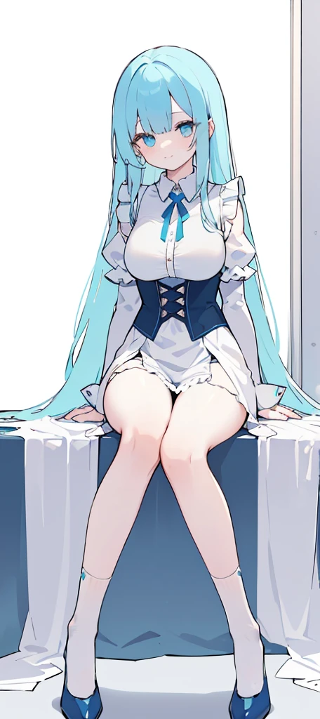 (long beautiful blue hair) cyan eyes, (Eyes behind long bangs) big breasts, using accessories (using socks) perfect shiny beautiful cyan shoes (Wearing luxurious palace maid clothes Perfect perfect noble)  Pose facing sideways (Girl1, straight hair not too long, bangs covering one eye, soft face, gentle smile) long hair, beautiful cyan eyes (Free pose, right hand down, left hand down, ((Free pose))smile kawai, (blank white background) Wearing a blue corset, (Using a beautiful bright blue ribbon) Kawai shy cute eyes (cyan colored shoes must be shiny, Must wear short white socks)