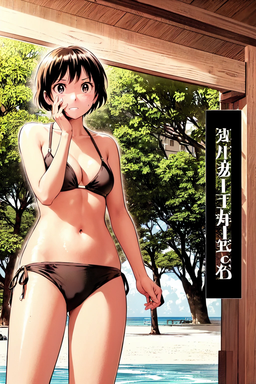 、(masterpiece、Highest quality)、Highest quality, Ultra-high resolution, (((masterpiece))), alone, Sweat、Big eyes, Composition from the front、Shortcuts、Embarrassed face、Bronze colored hair、Cut your hair short、Ocean、beach、Black Micro Bikini、belly button、short hair