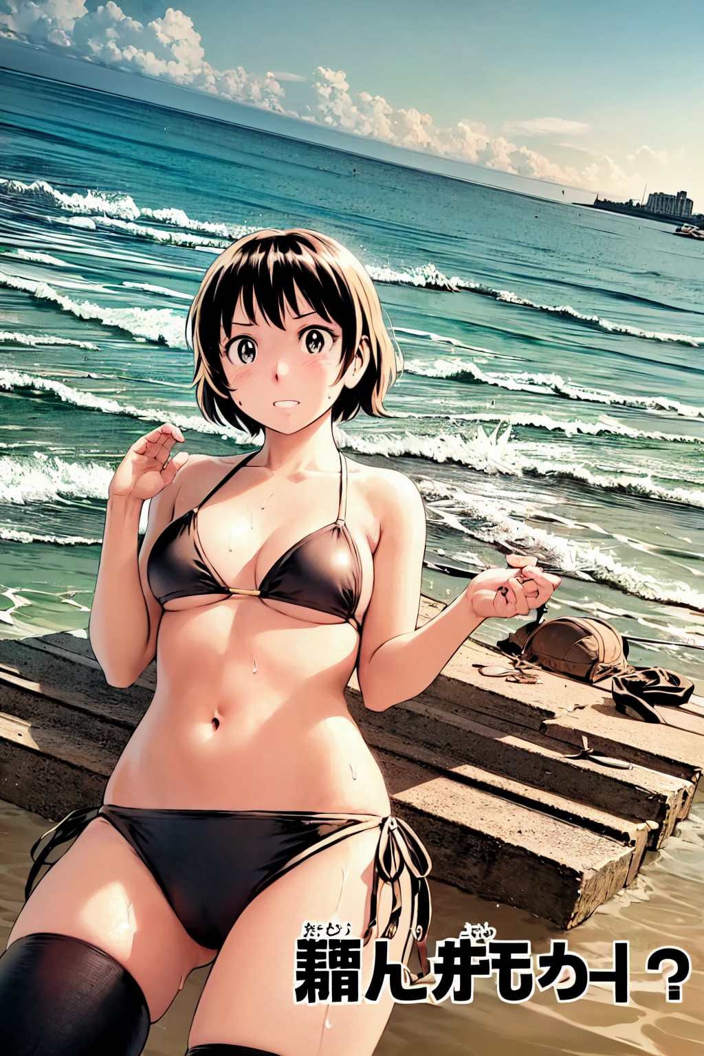 、(masterpiece、Highest quality)、Highest quality, Ultra-high resolution, (((masterpiece))), alone, Sweat、Big eyes, Composition from the front、Shortcuts、Embarrassed face、Bronze colored hair、Cut your hair short、Ocean、beach、Black Micro Bikini、belly button、short hair