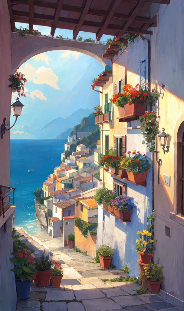 Italian village with a view of the rainy sea