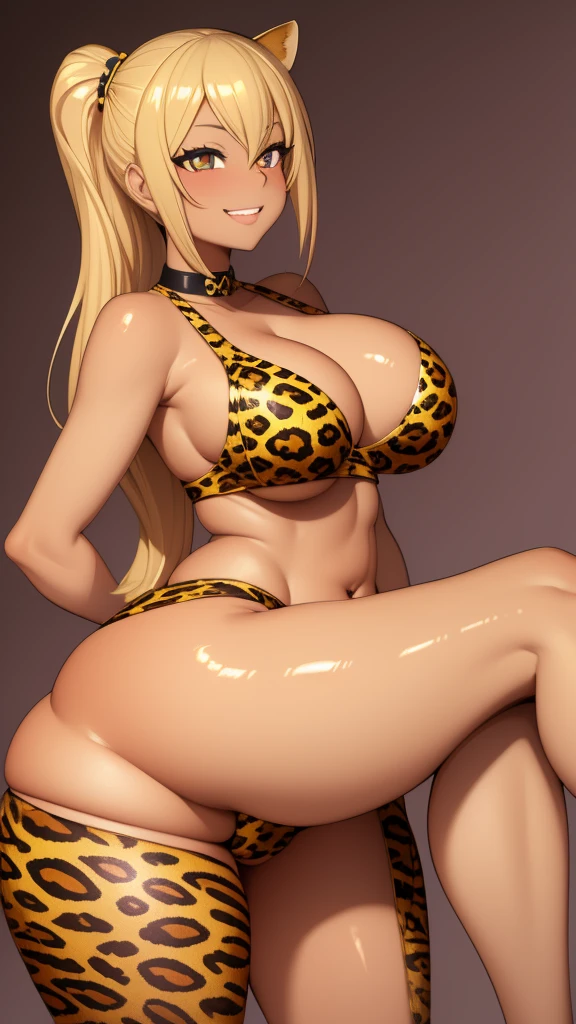 1 girl, golden blonde hair, golden eyes, very tan skin, solo, gyaru, shoulder length hair, high ponytail, curvy, very wide hips, large ass, narrow waist, thick thighs, very huge breasts, leopard print bikini, bubbly smile, navel piercing, navel, blowjob motion with hand, ahegao face