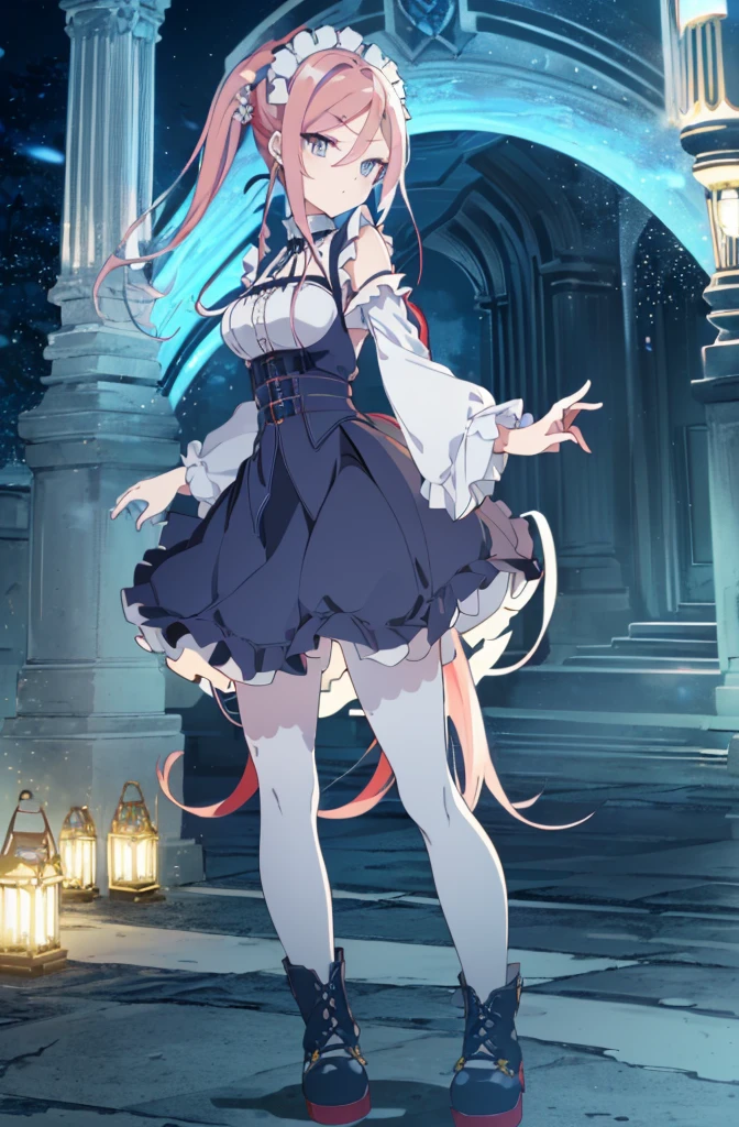 [(cathedral background:1.4)::5],original,(illustration:1.1),(best quality),(masterpiece:1.1),(extremely detailed CG unity 8k wallpaper:1.1), (colorful:0.9),(mid shot:0.95),(full body:1.5),Dynamic angle,(solo:1.2), (girl),((adult)), (detailed beautiful eyes:1.15), (beautiful face:1.15), (glowing red eyes:1.25////),((medium hair)),((split-color hair , red hair , light blue hair)),(high twintails),(chignon),(+perfect hand+:1.21),(Draw an illustration of a gothic girl),(Religious),(slender),(is wearing boots on her feet),((is wearing white maid clothes)),(furious), Lace Off-shoulder lolita fashion,beautiful slender woman,high twintails,full body,mini skirt,((split-color hair , red hair , light blue hair)),