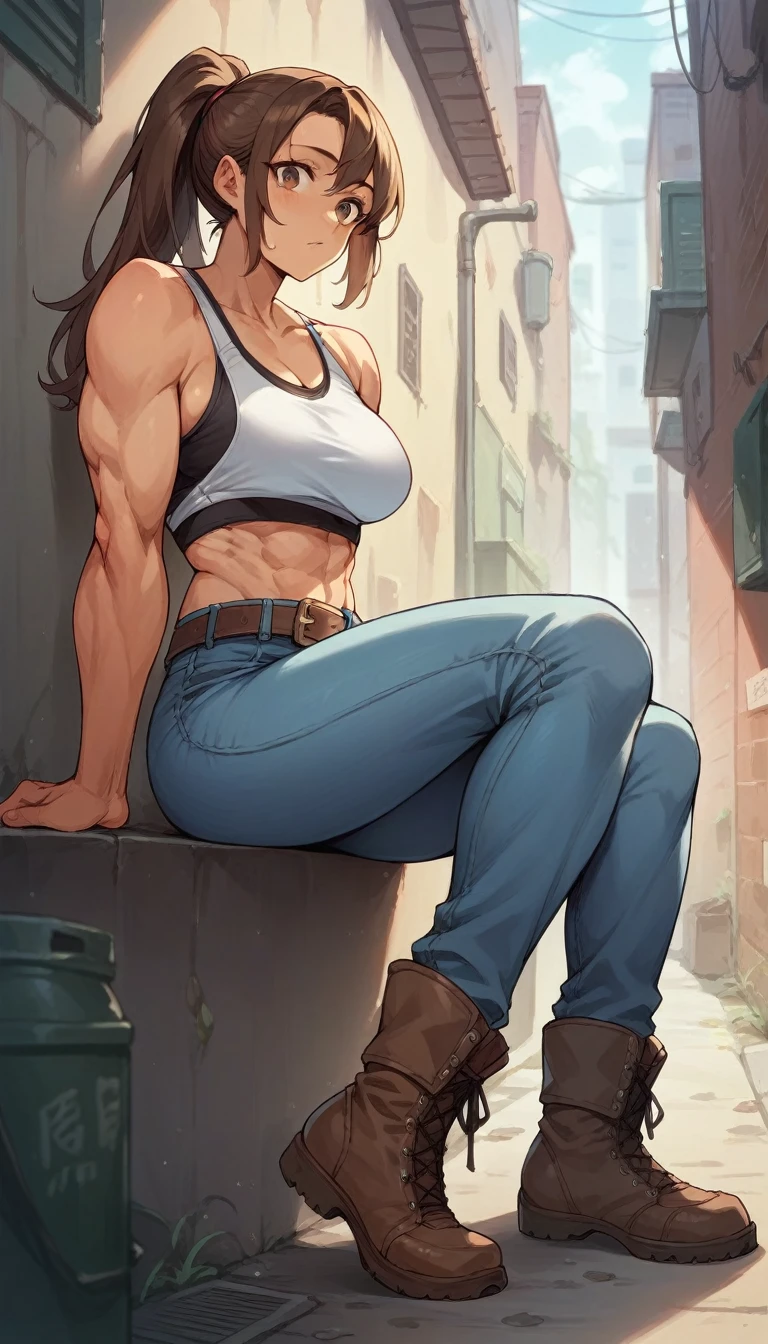 high resolution,Light blue jeans,skinny,Brown belt,Sports Bra,boots,Muscular,Brown Hair,ponytail,Beauty,cute,Alley