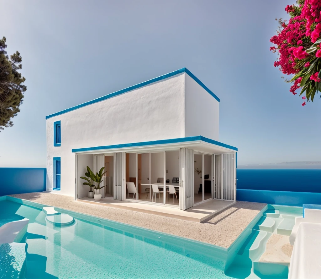 (1 santorini style house, The town house is made from white walls and some walls are painted bright blue)), beautyful light, beautyfulday, sunny, Many red bougainvilleas along the road:1.3, lovely youthful feeling :1.2, sunlight at 12 noon, Very beautiful shadows