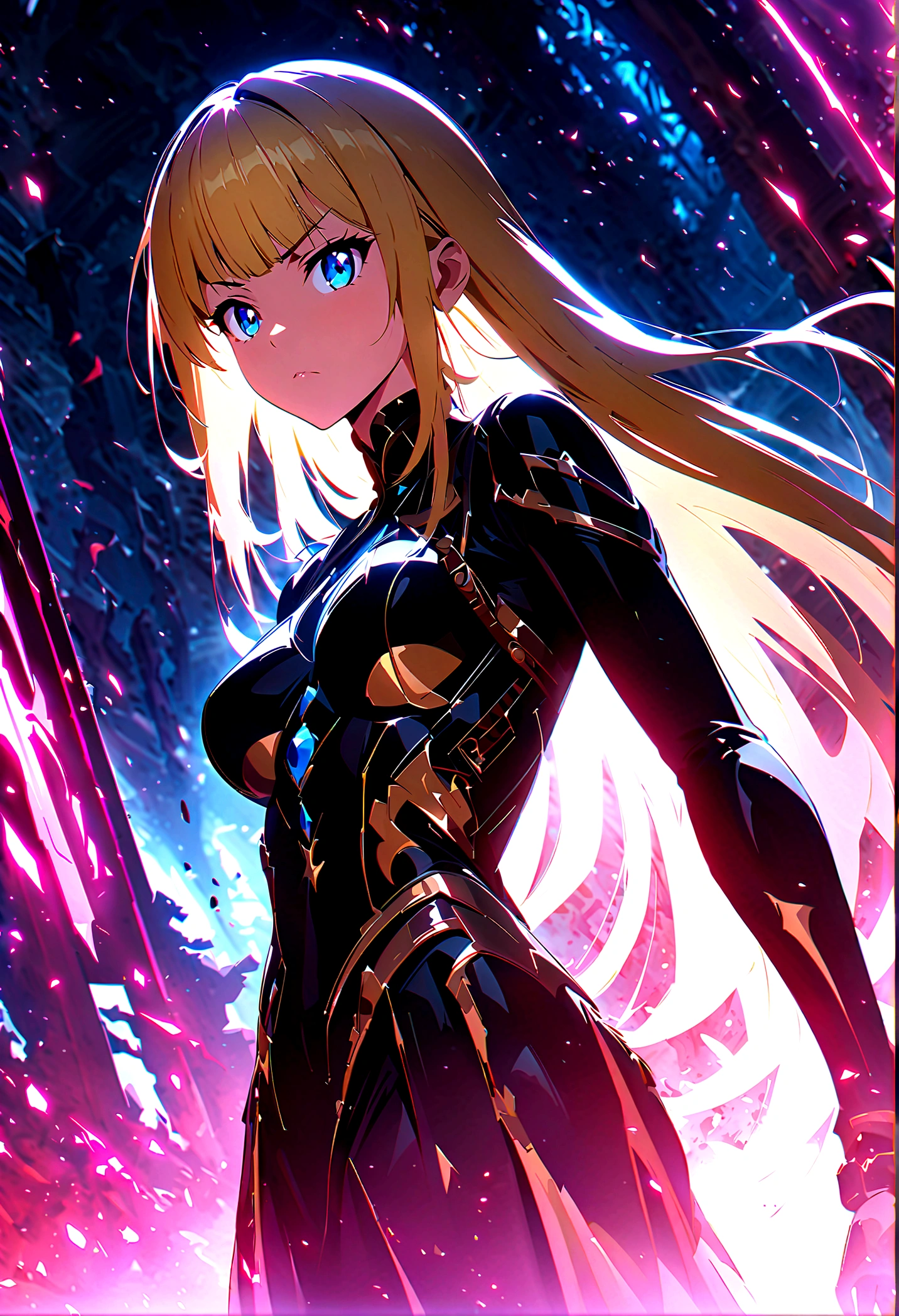 , girl in black japanese , badass anime 8k, anime art wallpaper 4k, anime art wallpaper 4k, fantasy anime artwork 2.5 d cgi, art wallpaper 8k anime, digital detailed anime art, beautiful fantasy anime, epic anime artwork, 4k anime wallpaper, detailed anime artwork, sexy, sexy, woman, anime style, best quality, extremely detailed, best shadows), (detailed background, dark fantasy), (beautiful detailed faces), high contrast, (best lighting, extremely delicate and beautiful), ((cinematic lighting)), colorful, super detailed, dramatic lighting, intricate details, (1 girl, solo, sharp face, . Blonde, super long hair , thin bangs, long eyelashes, dynamic angle), blood splatter, black light swirling around character, depth of field, black light particles, (broken glasagic circle