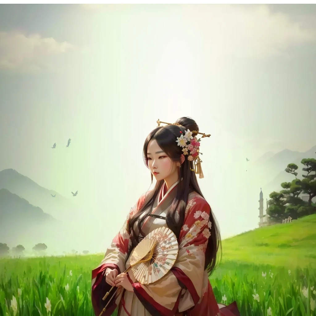 Detailed Images、8k,Beautiful woman in a kimono holding a folding fan in a field, palace , firework、a girl in Hanfu, Hanfu, Wearing Ancient Chinese Clothing, 古代Chinese Costumeを着て, Ancient Chinese Princess, white Hanfu, Chinese traditional clothing, Beautiful Fantasy Empress, Chinese Costume, Gweiz-style artwork, Princess of an ancient Asian dynasty、