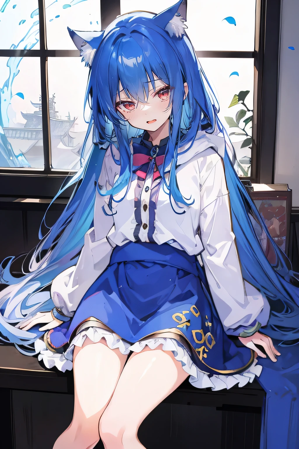 (masterpiece:1.2),Super detailed,lifelike,Expressive eyes,fair skin,perfect face shape,1 girl,
Japanese comics,Gorgeous blue hair,flowing blue hair,flowing clothes,Cat ears,Petals fall,beautiful lola,Baby Angel,
Shaking head with one hand,Cross your legs,Gentle and peaceful background,The pavilion is cool and comfortable,smile, wearing hoodie, In front of the window,snowing