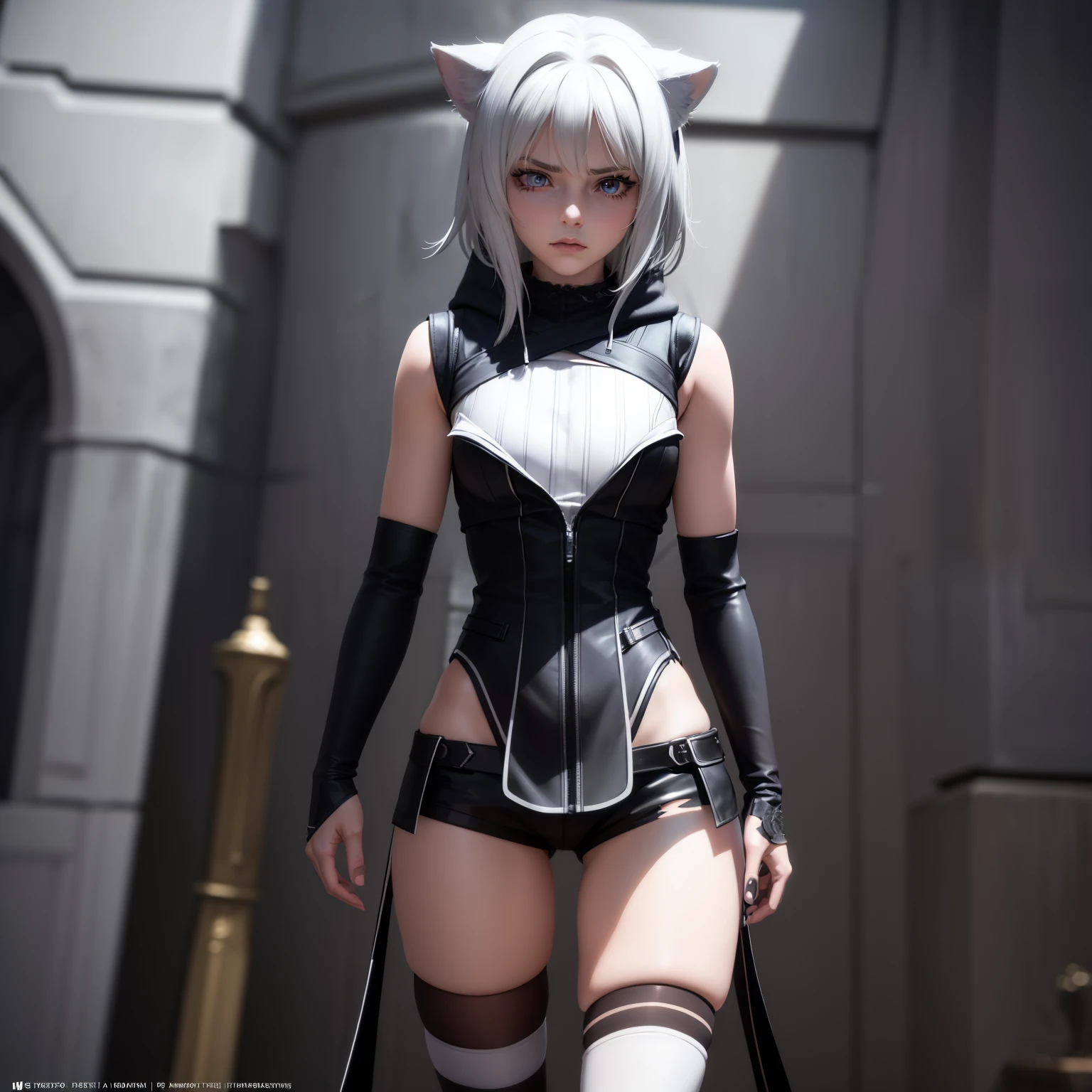 1 girl, character with cat ears, silver hair, short hair, beautiful detailed eyes, beautiful detailed lips, extremely detailed eyes and face, long eyelashes, wearing black hooded outfit, thigh-high stockings, garters, short shorts, (best quality,4k,8k,highres,masterpiece:1.2),ultra-detailed,(realistic,photorealistic,photo-realistic:1.37),concept art, fantasy, cinematic lighting, dramatic shadows You decided to wear a hoodie and covered your body, hiding yourself Rey 