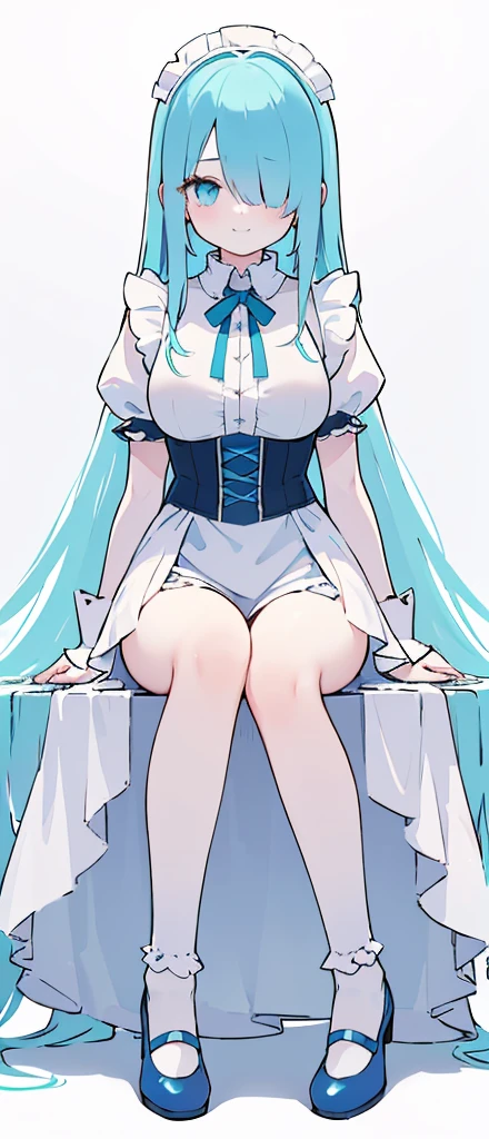 (long beautiful cyany hair) cyan eyes, (Eyes behind long bangs) big breasts, Sitting pose using accessories (using socks) perfect shiny beautiful cyan shoes (Wearing luxurious palace maid clothes Perfect perfect noble) Pose facing sideways (Girl1, straight hair not too long, bangs covering one eye, soft face, gentle smile) long hair, beautiful cyan eyes (Sitting pose, right hand down, left hand down, leaning pose, smile kawai, (blank white background) Wearing a blue corset, (Using a beautiful bright blue ribbon) Kawai shy cute eyes (cyan colored shoes must be shiny, Must wear short white socks) Wrists must be completely bare without a single piece of cloth covering either side Wrists must be completely bare without a single piece of cloth covering either side Wrists must be completely bare without a single piece of cloth covering either side