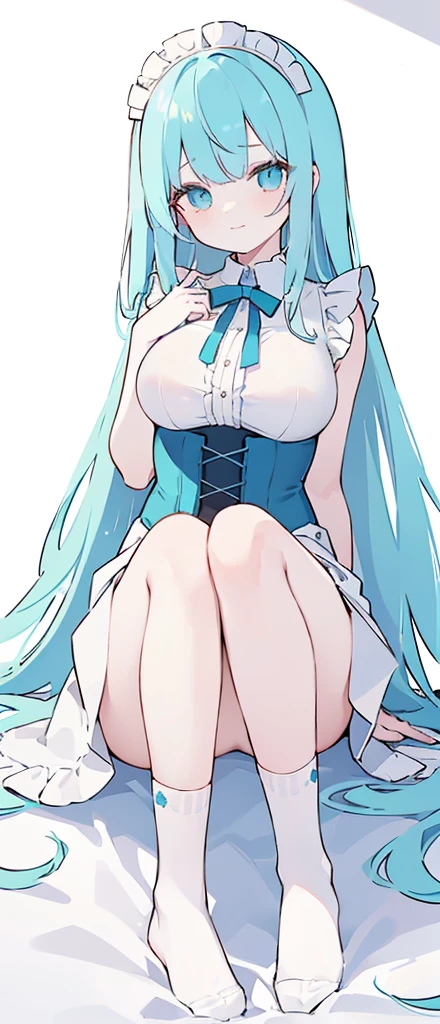 (long beautiful cyany hair) cyan eyes, (Eyes behind long bangs) big breasts, Sitting pose using accessories (using socks) perfect shiny beautiful cyan shoes (Wearing luxurious palace maid clothes Perfect perfect noble) Pose facing sideways (Girl1, straight hair not too long, bangs covering one eye, soft face, gentle smile) long hair, beautiful cyan eyes (Sitting pose, right hand down, left hand down, leaning pose, smile kawai, (blank white background) Wearing a blue corset, (Using a beautiful bright blue ribbon) Kawai shy cute eyes (cyan colored shoes must be shiny, Must wear short white socks) Wrists must be completely bare without a single piece of cloth covering either side Wrists must be completely bare without a single piece of cloth covering either side Wrists must be completely bare without a single piece of cloth covering either side