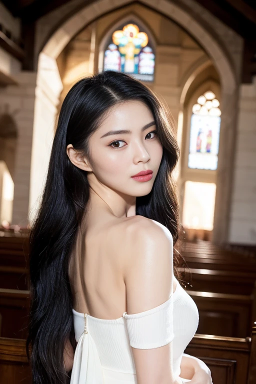 , (Mature body), Solitary,Long gray hair,black hair color, Off-shoulder, black eyes,1 Sister,A sexy pose,best quality,masterpiece,Lighting,Extremely exquisite and beautiful,CG,Unite,8k wallpaper,Astonishing,detailed,masterpiece,Official Art,The content is very detailed Cg Unite 8k wallpaper,Extremely ridiculous,Huge file size,ultra - detailed,high resolution,The content is very detailed,Beautiful and delicate girl,Practical,full,Inside the church,Light Contrast, Lopez, Full body image, full, White under underwear
