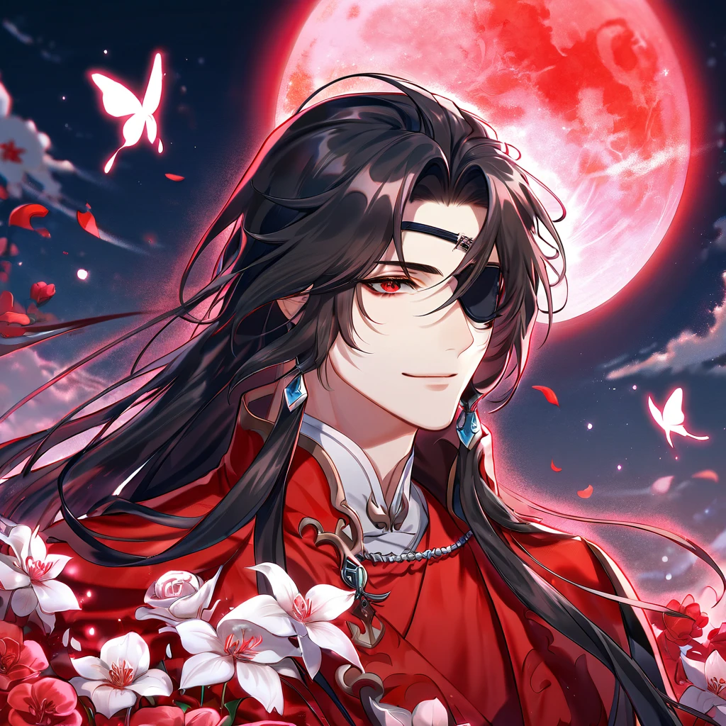 absurdres, highres, ultra detailed, HDR, master piece, Hua Cheng, black long hair, expressive red eye, black eye patch on his let eye, Heaven Official's Blessing, sexy man, handsome, best quality, red moon, flowers, fantasy, magical, solo, red water, red shining fireflies, red petals, red clothes, handsome smile, silver small butterflies, red dust