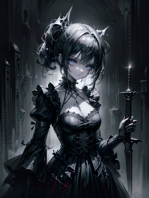 (a girl with) Aura-like gothic lighting, realistic Gothic-style artwork, detailed skeleton impaling itself with a sword in the neck, dark atmospheric background, high-res masterpiece:1.2, ultra-fine painting, professional, vivid colors