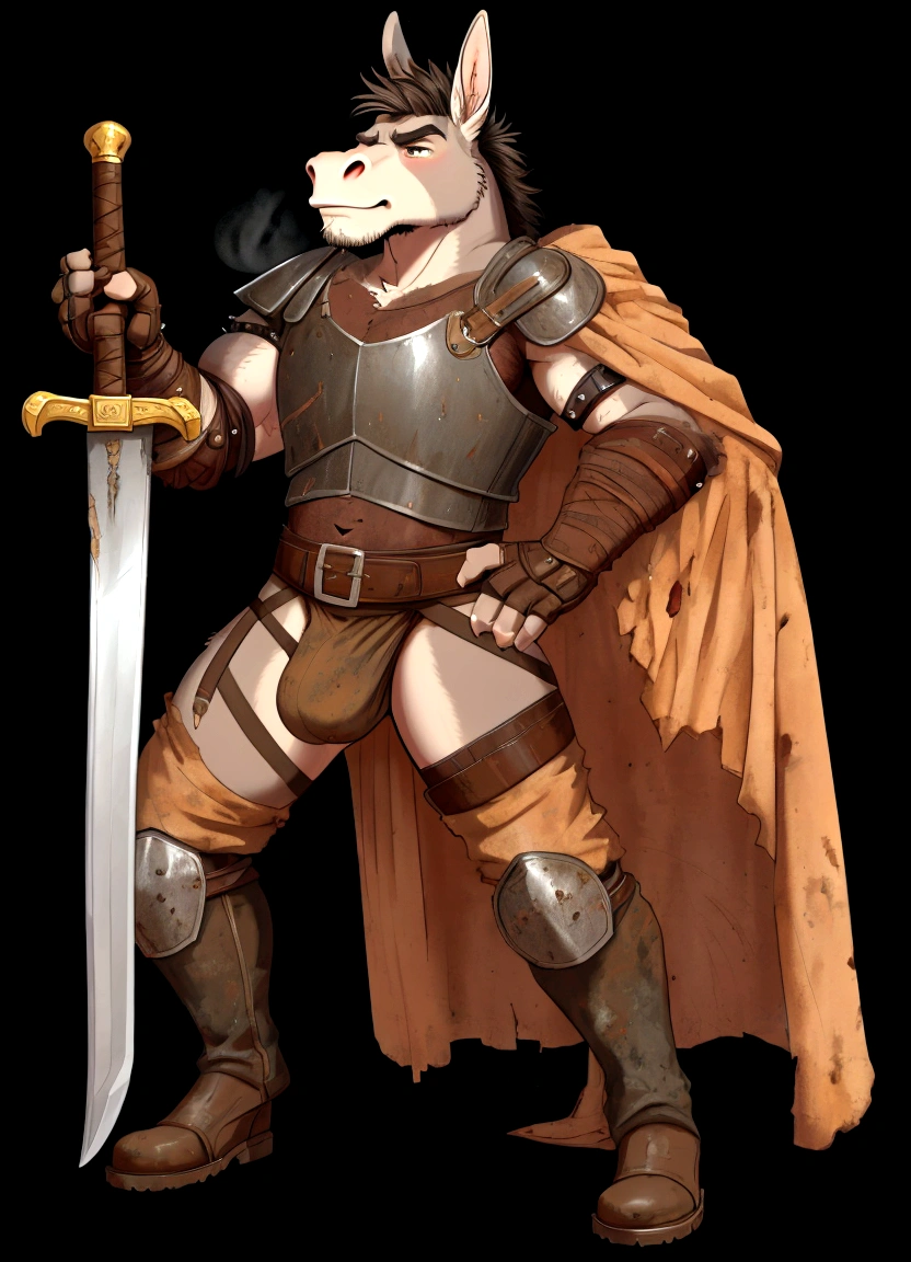 Solo Sexy young anthro furry donkey donkey male mercenary medieval solider, slim endomorph muscular, anthro handsome gay shorter muzzle, handsome gay model male apperance, sword scars, worn out leather skimpy armament, low on hips heavy leather belt, old very worn out skimpy dirty linen material jockstrap, old yellow dirty worn out stains on white sawn jockstrap, very visible "x" brown seam pattern on the jockstrap, studded skimpy armlets breastplate armor, skimpy breastplate, leather bondages, fingerless leather gloves, smelly unwashed furr, dirty body look, desert battlefield, standing in sexy fighting position, close view of full character