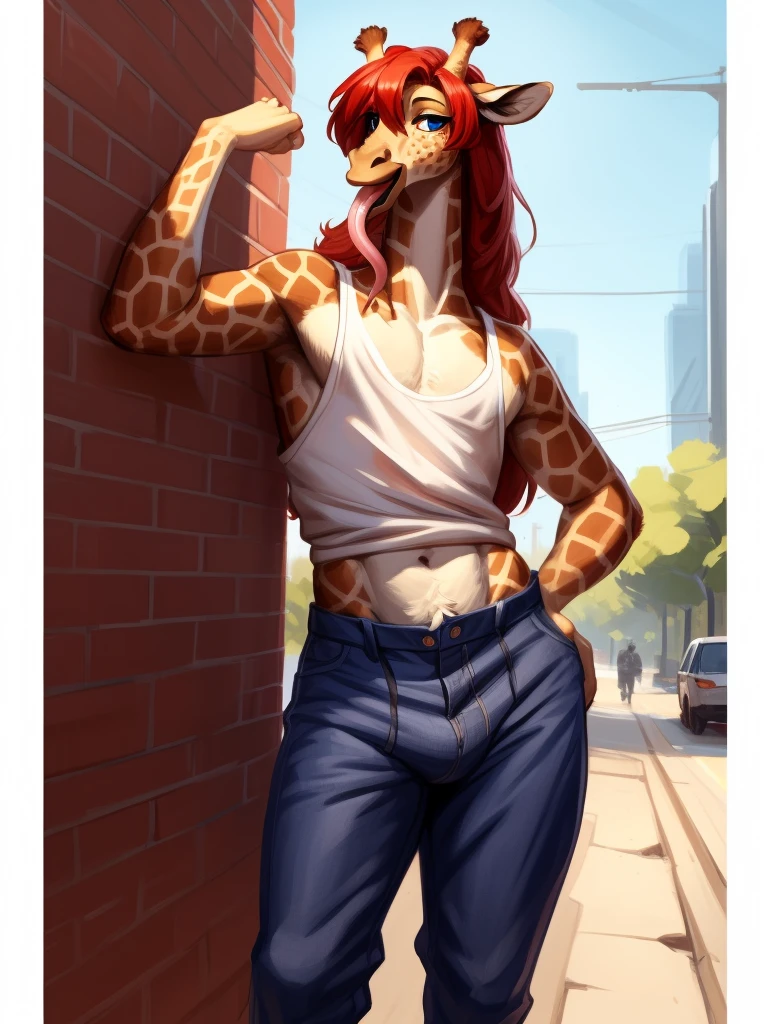 Masterpiece, hi res, absurdres, Best Quality, detailed, 4K, 8K, detailed,HD, By bebebebebe, by wsache, by greasymojo, by inu-sama, solo,tall,detailed eyes, male,girly, androgynous,makeup, giraffe anthro,giraffe, red hair,long hair, long neck, Open mouth, tongue out,very long tongue, oversized camisole,curvy, Big ass, flaccid male genitalia, balls, dense tuft of fur above genitalia,dense tuft of fur on chest, remove pants, better eyes, detailed eyes,Open pants,unbuttoned pants,detailed hands